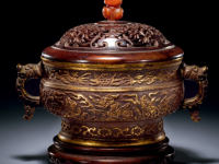 云间胡文明制铜鎏金龙狮凤舞纹簋式炉