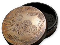 清民“羲之饲鹅图”圆形铜墨盒